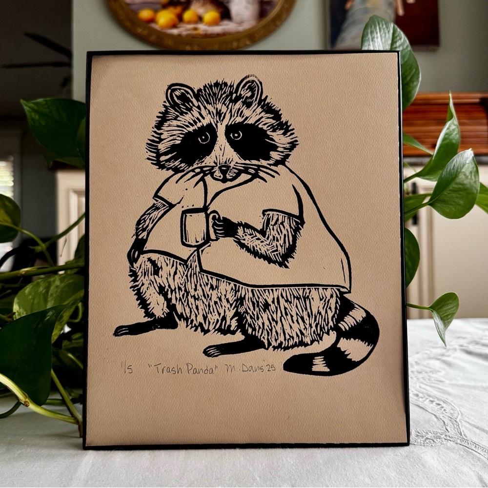 Hand Crafted Lino Art  8” x 10”  Raccoon  limited edition only white paper left